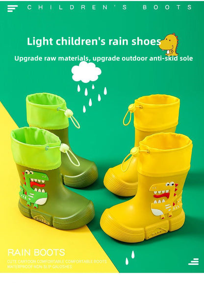 JIAGEYA Boys Girls EVA Drawstring Rain Boots, Cartoon Dinosaur Design Waterproof Soft Sole Anti Slip High Top Shoes For Rainy Weather