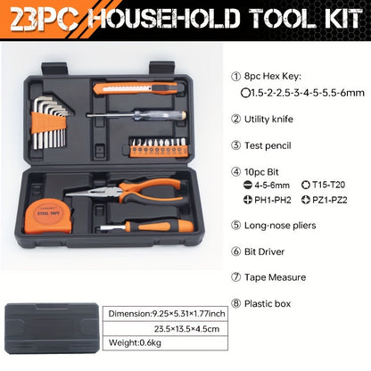 23pcs Universal Home Tool Kit, Carbon Steel Hand Tools Set with Plastic Storage Case, Manual Repair Tools for Household, Car, Office - No Assembly Required, Uncharged, Battery-Free