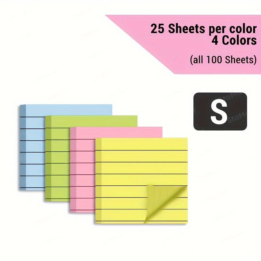 100sheets 4 colors 100-Sheet Line Sticky Notes, 4 Colors, Portable Memo Pads for Students, Office, Home, School - Large & Small, 2 Styles