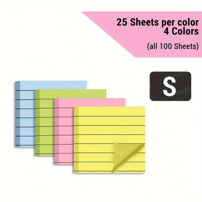 100sheets 4 colors 100-Sheet Line Sticky Notes, 4 Colors, Portable Memo Pads for Students, Office, Home, School - Large & Small, 2 Styles