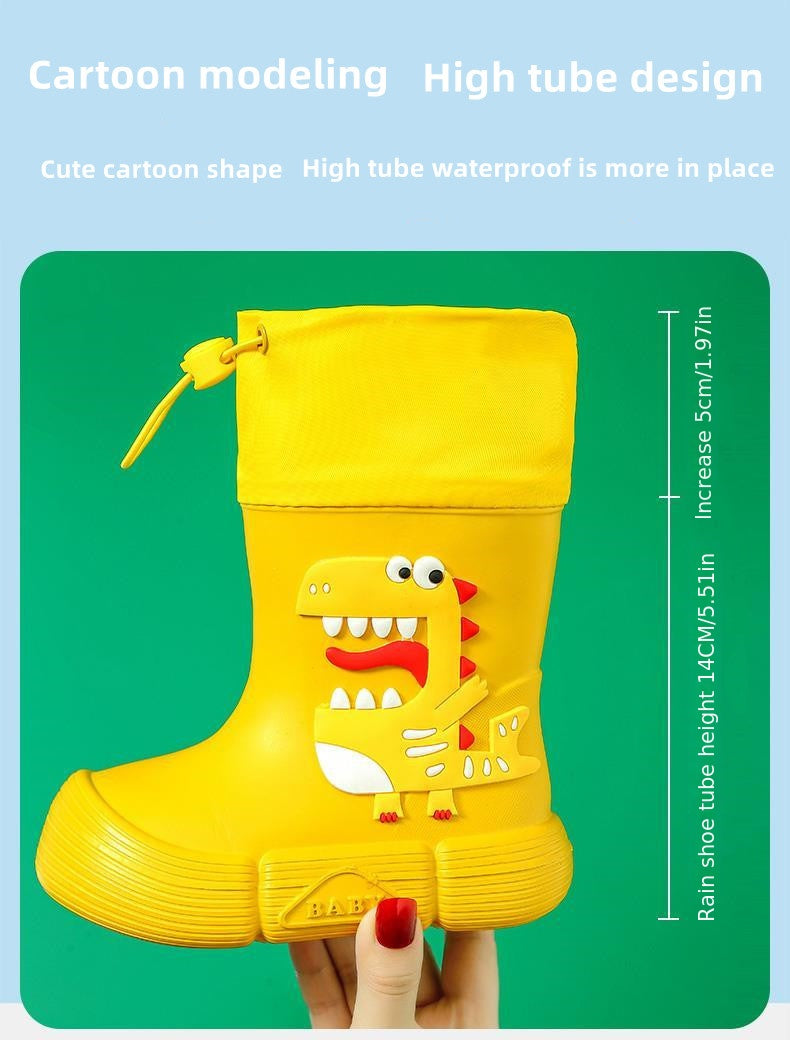 JIAGEYA Boys Girls EVA Drawstring Rain Boots, Cartoon Dinosaur Design Waterproof Soft Sole Anti Slip High Top Shoes For Rainy Weather