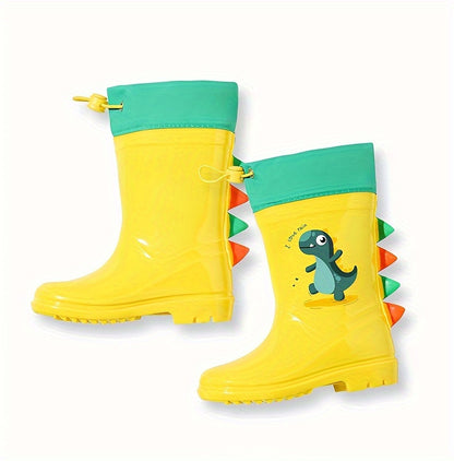 GentleChild Youngsters' Dinosaur Rain Boots - Waterproof, Anti-Slip, Mid-Calf Blue PVC Rain Shoes for Boys & Girls, Ages 1-8, with Cute Cartoon Design & Spikes for Enhanced Grip