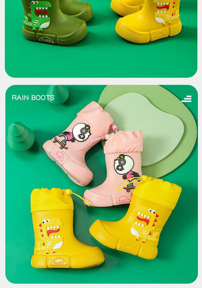 JIAGEYA Boys Girls EVA Drawstring Rain Boots, Cartoon Dinosaur Design Waterproof Soft Sole Anti Slip High Top Shoes For Rainy Weather