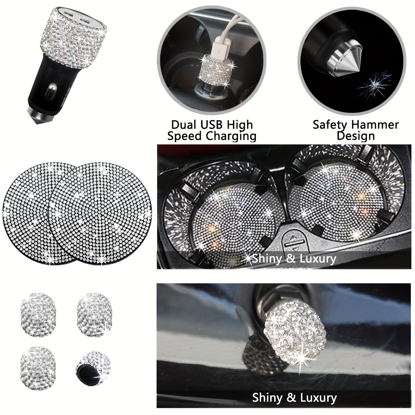 [27pcs Bling Car Accessories] 27pcs Bling Car Accessories Set For Women, Bling Steering Wheel Covers Universal Fit 15 Inch, Bling License Plate Frame, Phone Holder, Car Coasters