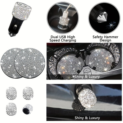 [27pcs Bling Car Accessories] 27pcs Bling Car Accessories Set For Women, Bling Steering Wheel Covers Universal Fit 15 Inch, Bling License Plate Frame, Phone Holder, Car Coasters