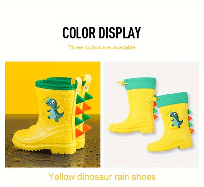 GentleChild Youngsters' Dinosaur Rain Boots - Waterproof, Anti-Slip, Mid-Calf Blue PVC Rain Shoes for Boys & Girls, Ages 1-8, with Cute Cartoon Design & Spikes for Enhanced Grip