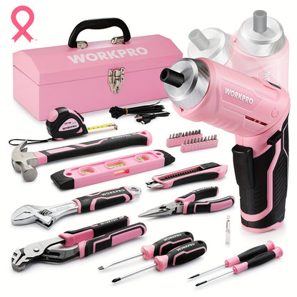 WORKPRO 75-Piece Pink Tools Set, 3.7V Rotatable Cordless Screwdriver And Household Tool Kit, Basic Tool Set With 13'' Portable Steel Tool Box For Home, Garage, Apartment, Dorm, New House - Pink Ribbon