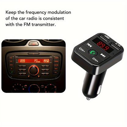 Wireless Car FM Transmitter Kit - 5.0 Bluetooth MP3 Player, Handsfree Audio Receiver, 2.1A Dual USB Phone Charger, and Car Accessories for Universal Vehicles - Easy to Use, Compact Design