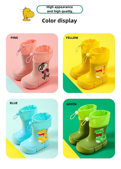 JIAGEYA Boys Girls EVA Drawstring Rain Boots, Cartoon Dinosaur Design Waterproof Soft Sole Anti Slip High Top Shoes For Rainy Weather