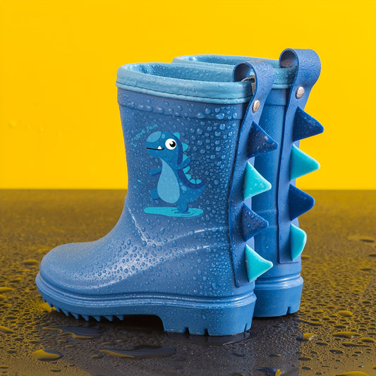 GentleChild Youngsters' Dinosaur Rain Boots - Waterproof, Anti-Slip, Mid-Calf Blue PVC Rain Shoes for Boys & Girls, Ages 1-8, with Cute Cartoon Design & Spikes for Enhanced Grip