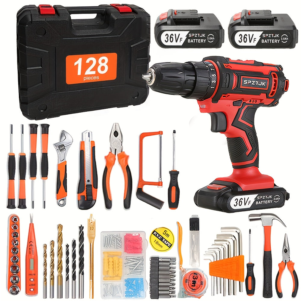 [Cordless Power Drill] 128Pcs 36V Cordless Power Drill Set, Electric Drill Set with 2 Battery - Household Tools Set, Cordless Impact Wrench, Hand Tool Set Kit, Ratcheting Screwdriver Set, Cordless Electric Screwdriver Kit, Ea