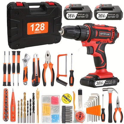 [Cordless Power Drill] 128Pcs 36V Cordless Power Drill Set, Electric Drill Set with 2 Battery - Household Tools Set, Cordless Impact Wrench, Hand Tool Set Kit, Ratcheting Screwdriver Set, Cordless Electric Screwdriver Kit, Ea