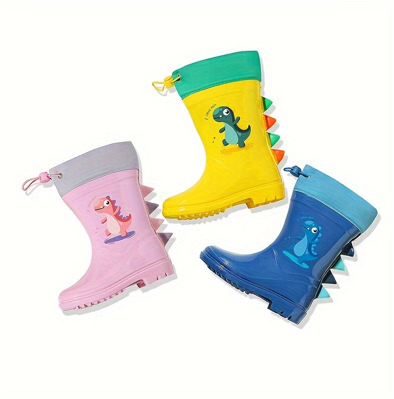 GentleChild Youngsters' Dinosaur Rain Boots - Waterproof, Anti-Slip, Mid-Calf Blue PVC Rain Shoes for Boys & Girls, Ages 1-8, with Cute Cartoon Design & Spikes for Enhanced Grip