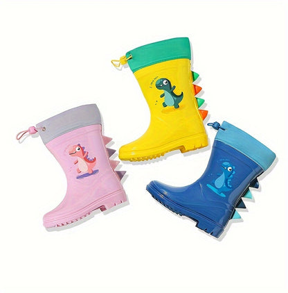GentleChild Youngsters' Dinosaur Rain Boots - Waterproof, Anti-Slip, Mid-Calf Blue PVC Rain Shoes for Boys & Girls, Ages 1-8, with Cute Cartoon Design & Spikes for Enhanced Grip