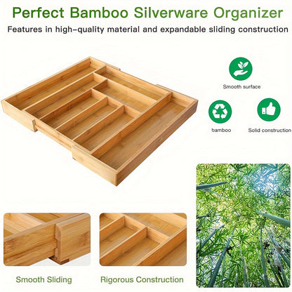 1pc Adjustable Bamboo Drawer Organizer For Utensils And Silverware - Expandable Cutlery Tray For Kitchen, Bedroom, And Living Room - Easy To Clean And Stylish Storage Solution