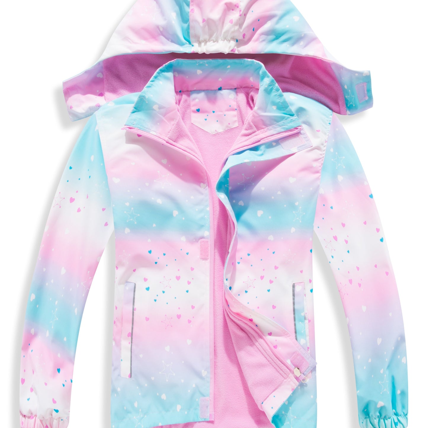 Vibrant Gradient Rain Jacket for Kids - Waterproof, Lightweight, Fleece Lined, Hooded, Windbreaker Coat with Removable Hood for Girls - Perfect for Outdoor Play and School Days