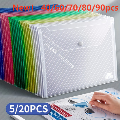 [Colorful Folding File Bags] 5/20/40/60/70/80/90pcs Classic Transparent Colorful Folding File Bags, A4, PP Plastic, for Students, School Supplies