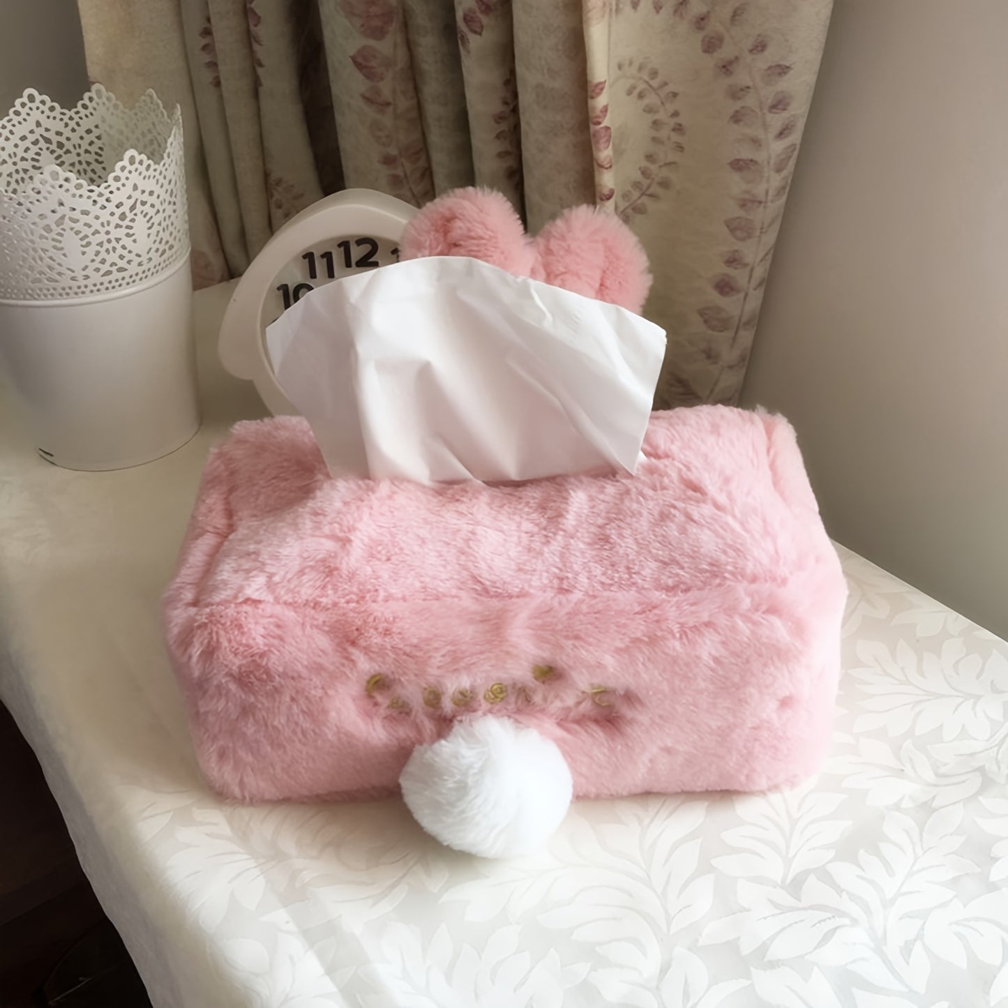 1pc Plush Rabbit Tissue Box, Cartoon Cute Tissue Cover, Car Accessories, Car Decor, Draw Hole Paper Box, Pink Rabbit Tissue Box, Long Ears Cloth Cover, Living Room Kitchen Bathroom Bedroom Office Accessories, Room Decor, Home