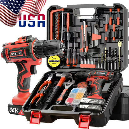 [Cordless Power Drill] 128Pcs 36V Cordless Power Drill Set, Electric Drill Set with 2 Battery - Household Tools Set, Cordless Impact Wrench, Hand Tool Set Kit, Ratcheting Screwdriver Set, Cordless Electric Screwdriver Kit, Ea