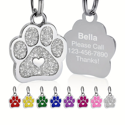 Personalized Dog Tag with Engraved Heart and Paw Prints for Bling and Safety
