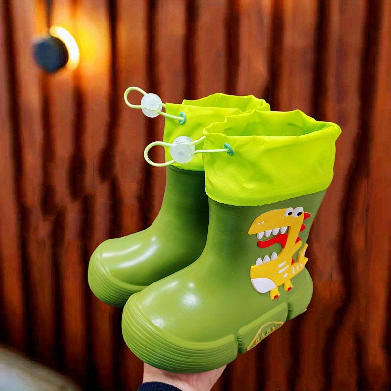 JIAGEYA Boys Girls EVA Drawstring Rain Boots, Cartoon Dinosaur Design Waterproof Soft Sole Anti Slip High Top Shoes For Rainy Weather