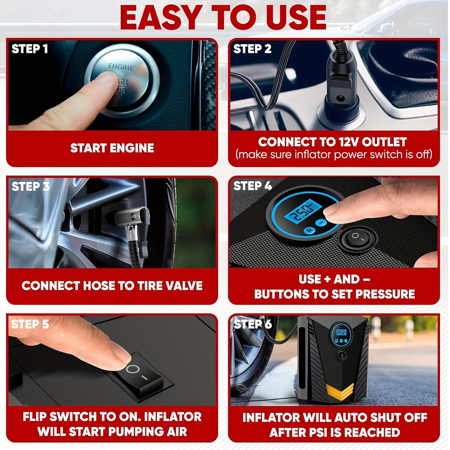 Tire Inflator Air Compressor 12V DC Portable Air Compressor Car Accessories Auto Tire Pump 100PSI With LED Light Digital Air Pump For Car Tires Bicycles Other Inflatables