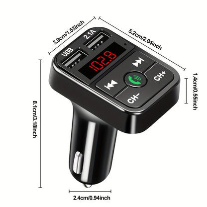 Wireless Car FM Transmitter Kit - 5.0 Bluetooth MP3 Player, Handsfree Audio Receiver, 2.1A Dual USB Phone Charger, and Car Accessories for Universal Vehicles - Easy to Use, Compact Design