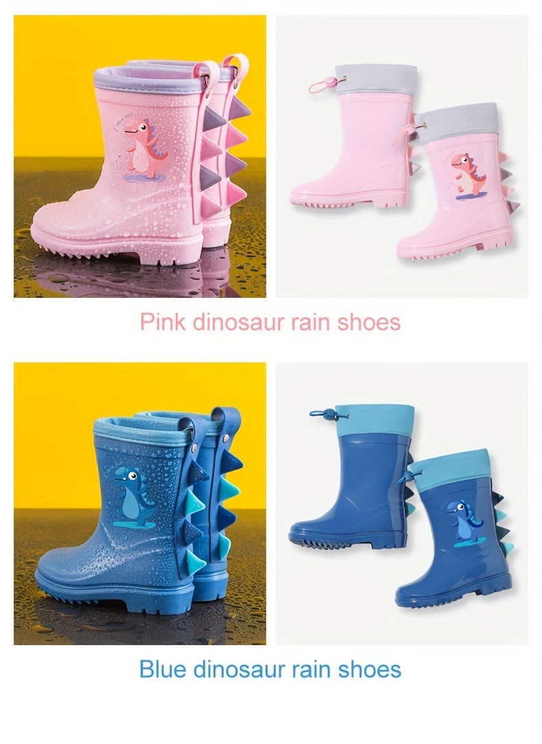 GentleChild Youngsters' Dinosaur Rain Boots - Waterproof, Anti-Slip, Mid-Calf Blue PVC Rain Shoes for Boys & Girls, Ages 1-8, with Cute Cartoon Design & Spikes for Enhanced Grip