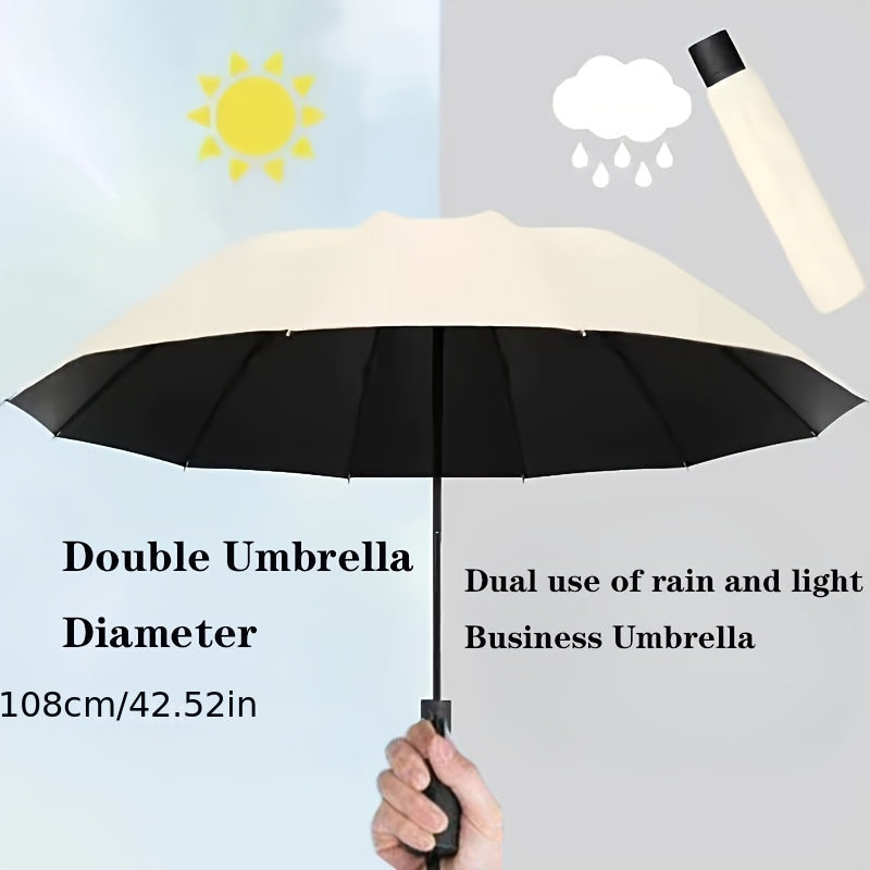 Extra Large 12-Rib Windproof Waterproof Umbrella - Reinforced Thickened Ribs for Dual Sun & Rain Use, Manual Open Compact Travel Umbrella with Sleek Black Design for Business Professionals, Students, Men & Women, Versatile We