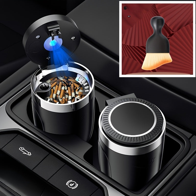 [LED Car Ashtray Set] Automatic Guide Rail LED Car Ashtray Set (1pc Ashtray + 1pc Brush) - Detachable Cleaning Brush, Compact Design, Easy to Install, Car Accessories | Ashtray for Car | Ash Tray for Car