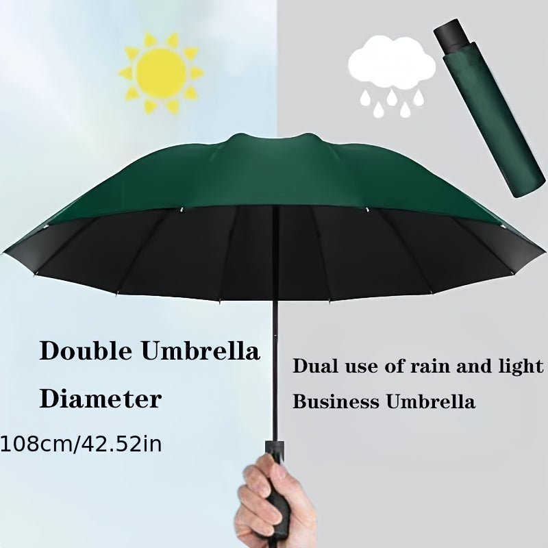 Extra Large 12-Rib Windproof Waterproof Umbrella - Reinforced Thickened Ribs for Dual Sun & Rain Use, Manual Open Compact Travel Umbrella with Sleek Black Design for Business Professionals, Students, Men & Women, Versatile We