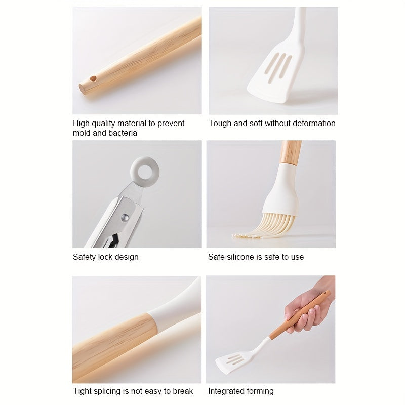 [Non-stick Pot Baking Set] Brodark 12pcs Set, Wooden Handle Silicone Kitchenware Set, Kitchen Baking Cooking Tools Set High Temperature Resistant Non-stick Pot Special Kitchenware, Kitchen Stuff Baking Supplie