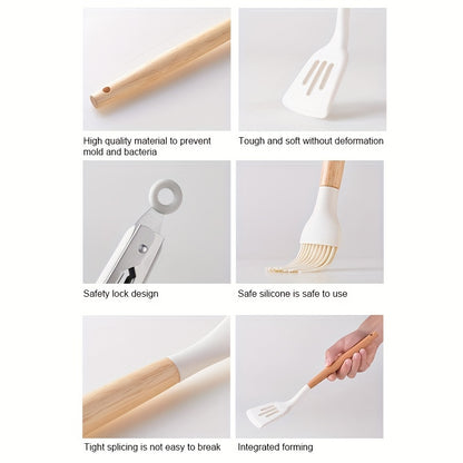 [Non-stick Pot Baking Set] Brodark 12pcs Set, Wooden Handle Silicone Kitchenware Set, Kitchen Baking Cooking Tools Set High Temperature Resistant Non-stick Pot Special Kitchenware, Kitchen Stuff Baking Supplie