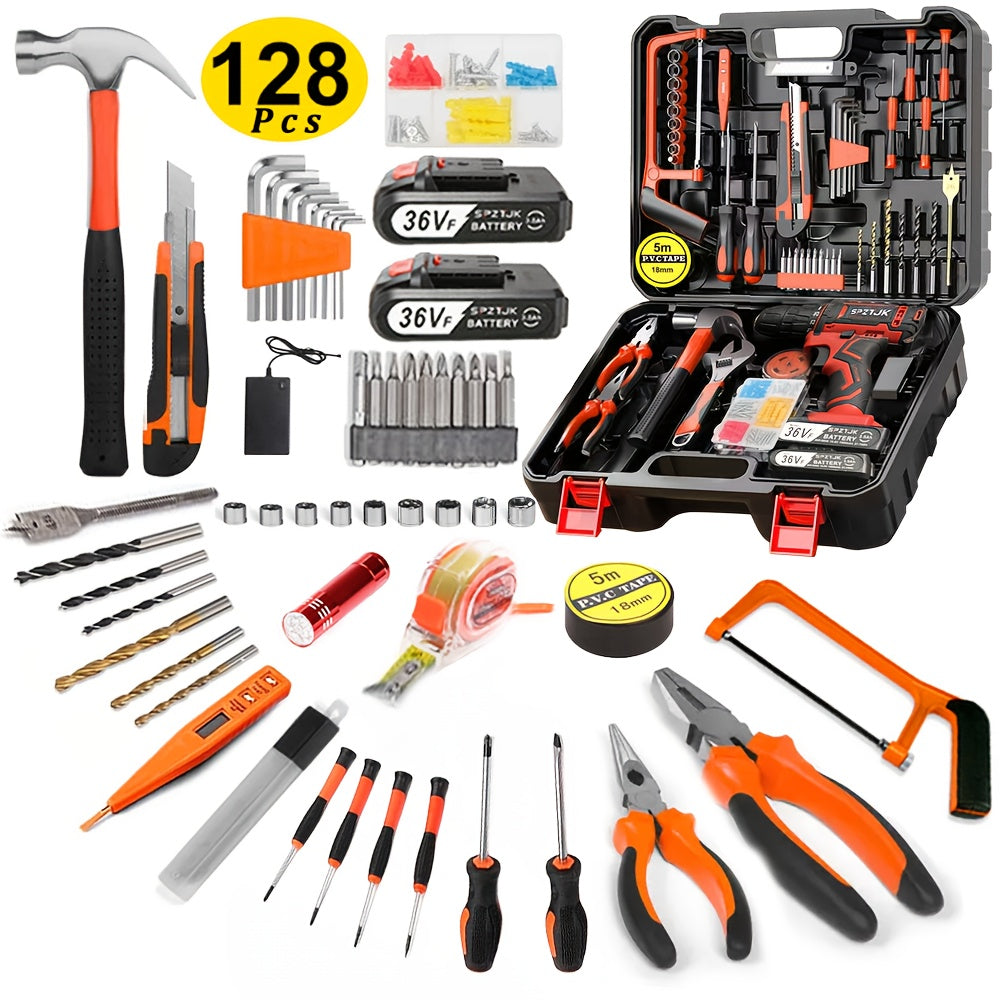 [Cordless Power Drill] 128Pcs 36V Cordless Power Drill Set, Electric Drill Set with 2 Battery - Household Tools Set, Cordless Impact Wrench, Hand Tool Set Kit, Ratcheting Screwdriver Set, Cordless Electric Screwdriver Kit, Ea