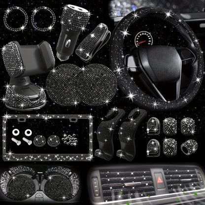 [27pcs Bling Car Accessories] 27pcs Bling Car Accessories Set For Women, Bling Steering Wheel Covers Universal Fit 15 Inch, Bling License Plate Frame, Phone Holder, Car Coasters
