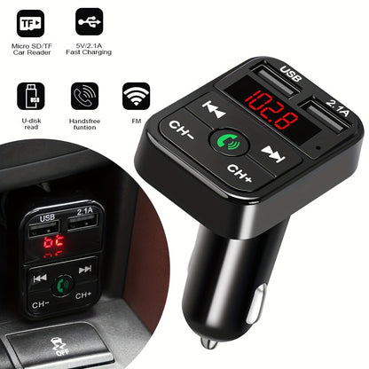 Wireless Car FM Transmitter Kit - 5.0 Bluetooth MP3 Player, Handsfree Audio Receiver, 2.1A Dual USB Phone Charger, and Car Accessories for Universal Vehicles - Easy to Use, Compact Design