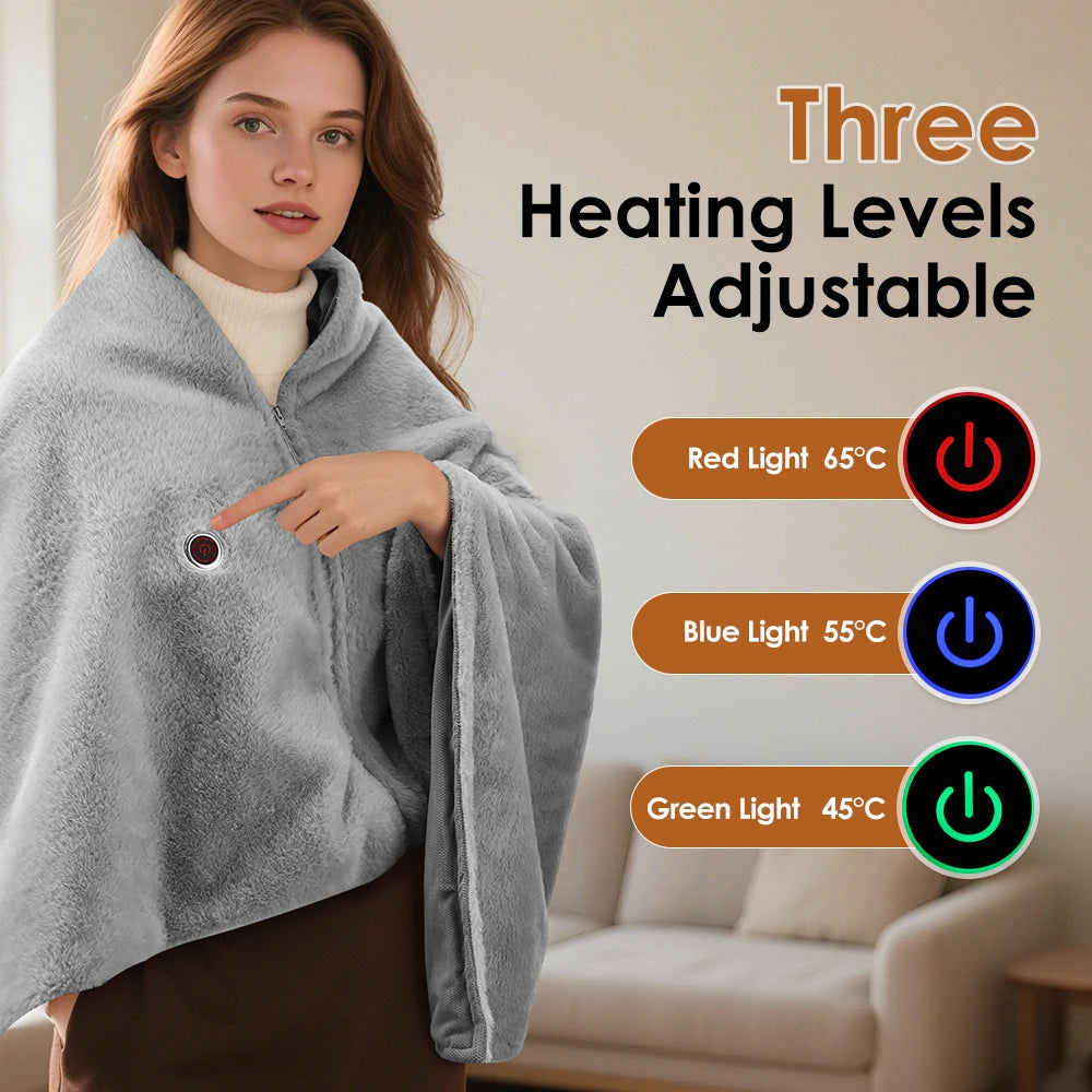 Wearable Electric Blanket USB Fast Heating Shawl 3 Level Adjustable Home Office Soft Thermal Pad Warming Full Body Back Hand