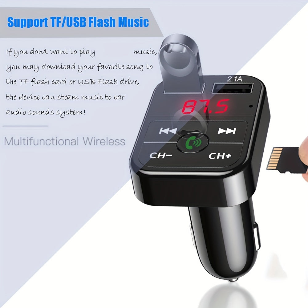 Wireless Car FM Transmitter Kit - 5.0 Bluetooth MP3 Player, Handsfree Audio Receiver, 2.1A Dual USB Phone Charger, and Car Accessories for Universal Vehicles - Easy to Use, Compact Design