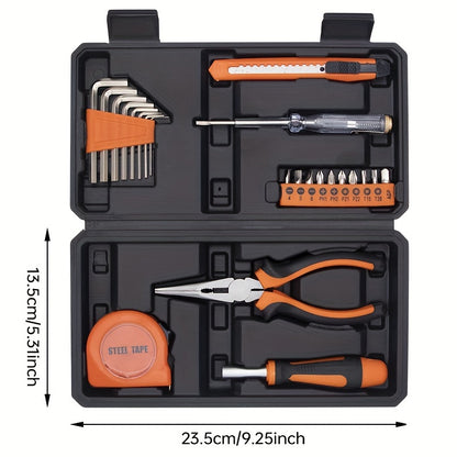 23pcs Universal Home Tool Kit, Carbon Steel Hand Tools Set with Plastic Storage Case, Manual Repair Tools for Household, Car, Office - No Assembly Required, Uncharged, Battery-Free