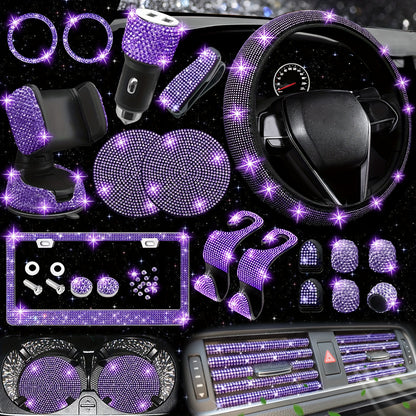 [27pcs Bling Car Accessories] 27pcs Bling Car Accessories Set For Women, Bling Steering Wheel Covers Universal Fit 15 Inch, Bling License Plate Frame, Phone Holder, Car Coasters