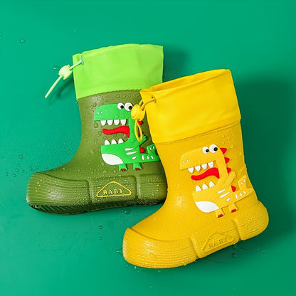 JIAGEYA Boys Girls EVA Drawstring Rain Boots, Cartoon Dinosaur Design Waterproof Soft Sole Anti Slip High Top Shoes For Rainy Weather