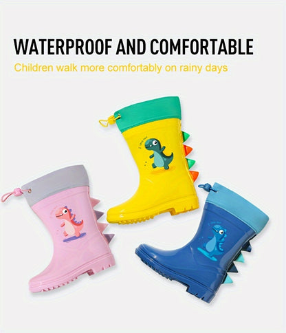 GentleChild Youngsters' Dinosaur Rain Boots - Waterproof, Anti-Slip, Mid-Calf Blue PVC Rain Shoes for Boys & Girls, Ages 1-8, with Cute Cartoon Design & Spikes for Enhanced Grip
