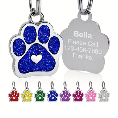 Personalized Dog Tag with Engraved Heart and Paw Prints for Bling and Safety