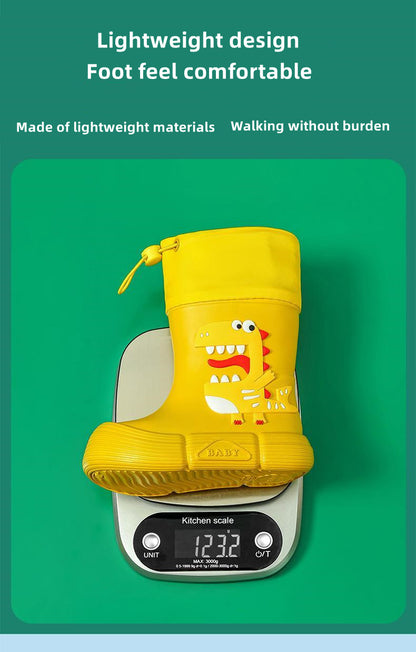 JIAGEYA Boys Girls EVA Drawstring Rain Boots, Cartoon Dinosaur Design Waterproof Soft Sole Anti Slip High Top Shoes For Rainy Weather