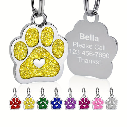 Personalized Dog Tag with Engraved Heart and Paw Prints for Bling and Safety