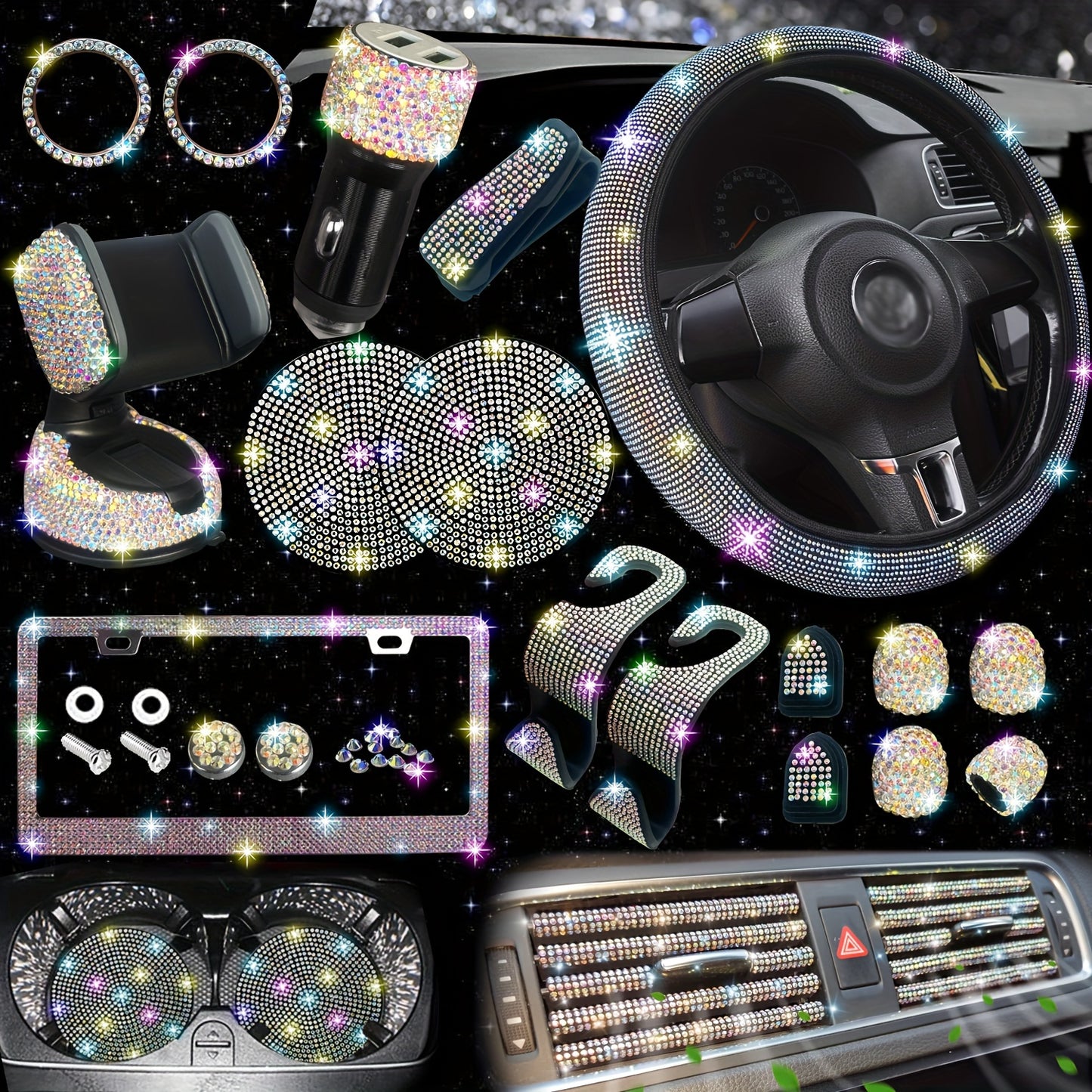 [27pcs Bling Car Accessories] 27pcs Bling Car Accessories Set For Women, Bling Steering Wheel Covers Universal Fit 15 Inch, Bling License Plate Frame, Phone Holder, Car Coasters