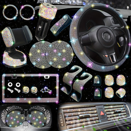 [27pcs Bling Car Accessories] 27pcs Bling Car Accessories Set For Women, Bling Steering Wheel Covers Universal Fit 15 Inch, Bling License Plate Frame, Phone Holder, Car Coasters