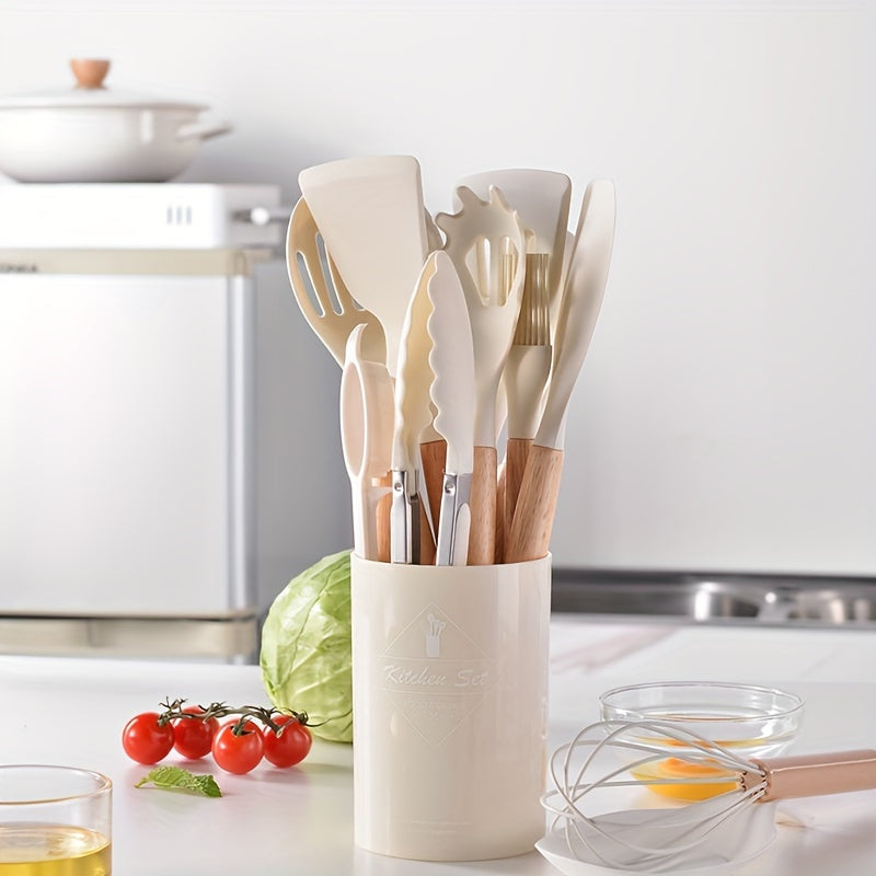 [Non-stick Pot Baking Set] Brodark 12pcs Set, Wooden Handle Silicone Kitchenware Set, Kitchen Baking Cooking Tools Set High Temperature Resistant Non-stick Pot Special Kitchenware, Kitchen Stuff Baking Supplie