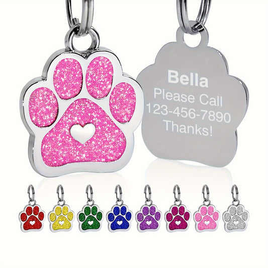 Personalized Dog Tag with Engraved Heart and Paw Prints for Bling and Safety