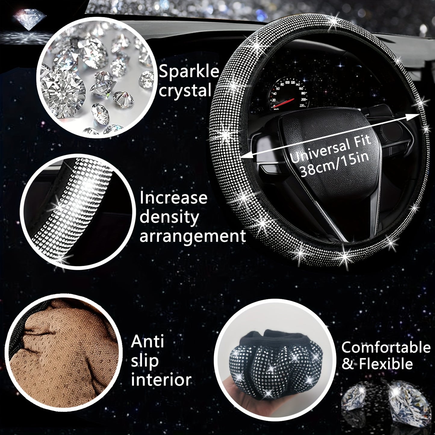 [27pcs Bling Car Accessories] 27pcs Bling Car Accessories Set For Women, Bling Steering Wheel Covers Universal Fit 15 Inch, Bling License Plate Frame, Phone Holder, Car Coasters